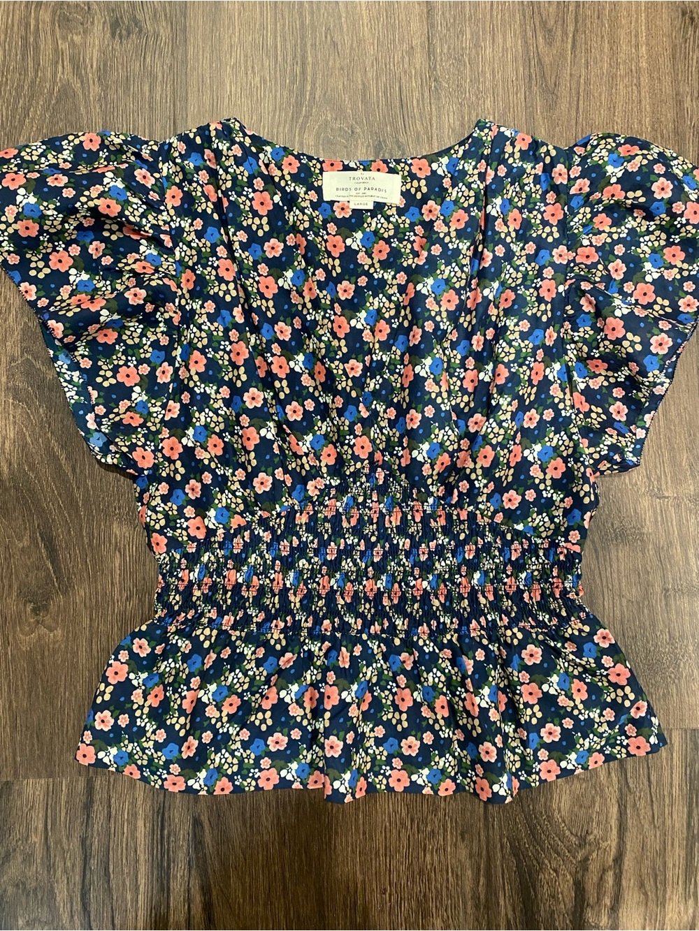 Trovata Navy Floral Smocked Waist Peplum Blouse